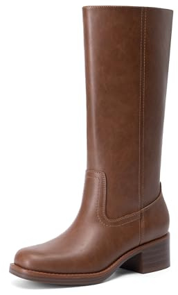 DREAM PAIRS Women's Mid Calf Riding Square Toe Retro Boots,Brown,6