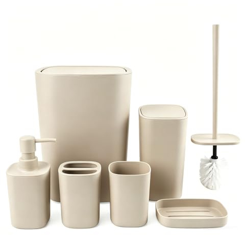 6-teiliges Badezimmer Set - Modernes Design Beige - Seifenspender, Seifenschale, Zahnbürstenhalter, Becher, Mülleimer und WC-Bürste - Bruchfest & langlebig, Badezimmer Zubehör Organizer Accessoires