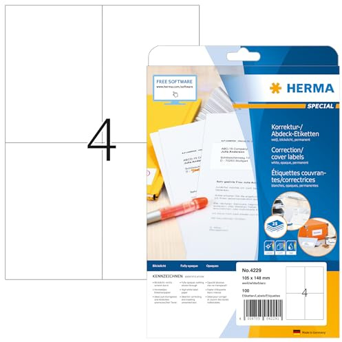 HERMA 4229 Korrekturetiketten blickdicht, 25 Blatt, 105 x 148 mm, 4 pro A4 Bogen, 100 Stück, selbstklebend, bedruckbar, matt, blanko Papier Abdeckaufkleber Etiketten, weiß