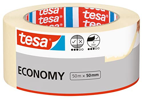 tesa Nastro per Mascheratura ECONOMY EcoLogo - Nastro in Carta per Mascheratura, Rimozione senza Residui per 4 Giorni, senza Solventi - Sottile, 50 m x 50 mm
