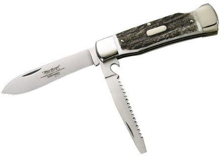 Hartkopf-Jagdtaschenmesser, Hirschhorn, Klinge 1.4110 Stahl, Säge 1.4034 Stahl, feststellbare Klinge, Neusilberbacken