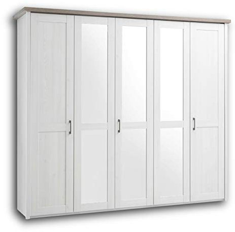 LUCA Eleganter Kleiderschrank im Landhausstil 5-türig - Vielseitiger Drehtürenschrank mit drei Spiegeltüren in Pinie Weiß / Trüffel - 241 x 212 x 62 cm (B/H/T)