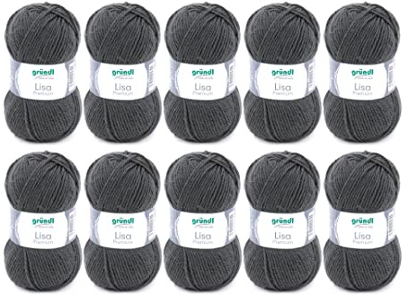 Gründl Lana Lisa Premium uni Hilo de tejer 100% poliacrílico, Hilo para tejer/ganchillo 50 g / 133 m, 10 bolas, Gris Antracita