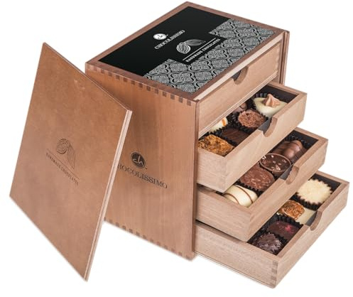 CHOCOLISSIMO Scatola di cioccolato - Regalo di praline - 40 cioccolatini fatti a mano in una scatola di legno - Regalo per uomini, donne, madri, compleanni - Scatola regalo gourmet - ChocoMassimo