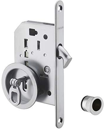 Serratura da incasso per porta scorrevole con chiave e nottolino a gancio, maniglia tonda, nichel - THIRARD