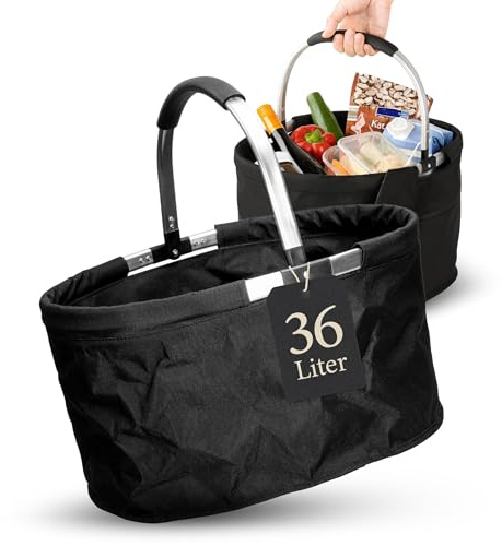 Shoppingkorg vikbar Silandre 36 l – presentidé till mamma till jul – robust picknickkorg med ergonomiskt handtag för resor – hopfällbar korg svart med gott om lagringsutrymme