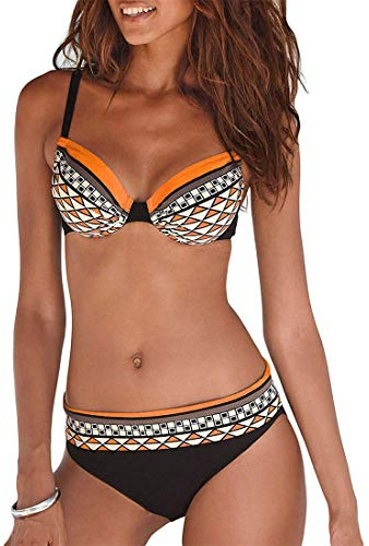 JFAN Costume da Bagno Sexy da Donna Imbottito da Bagno Push Up Bikini Stampa Tribale Swimsuit,Arancia - L