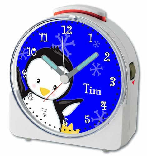 CreaDesign, WU-71-1121-01, Pinguin Blau, analog Kinderwecker weiß, Funkwecker mit Sweep-Uhrwerk und fluoreszierenden Zeiger und Licht, personlisiert mit Namen, 10,2 x 4,6 x 11 cm