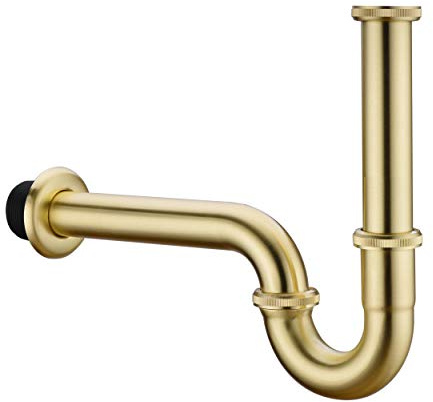 Orhemus Siphon en P en laiton, kit de vidange pour lavabo de salle de bain avec bride et joint coulissant, tube d'extension de drainage, cordier, hauteur réglable, finition laiton doré brossé