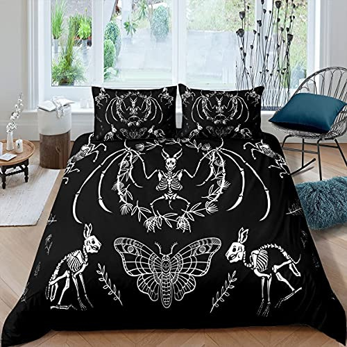 Schädel Bettbezug Fledermaus Skelett Bettwäsche Set Boho Motte Gothic Schädel Bettwäsche-Set für Kinder Jungen Mädchen Erwachsene Halloween Themen Bettwäsche 135x200cm Ultra Soft Horror Room Decor