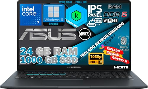 ASUS Portátil FHD IPS 15,6 Intel Core 7 150U de 14.ª generación, 24 GB DDR5, 1 TB SSD NVMe, Wi-Fi 6E, QWERTY Ñ ESPAÑOL, retroiluminado, Lector de Huellas Dactilares,Windows 11, Compatible Kaspersky
