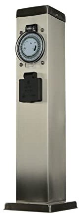 Licht-Erlebnisse Energiesäule Edelstahl in Silber IP44 Garten 43,5 cm hoch mit Zeitschaltuhr Steckdosensäule Außensteckdose Terrasse