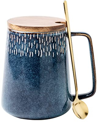 KSALPCH 24 OZ Extra Large Ceramic Coffee Mug with A Big Handle,Jumbo Tea and Coffee Cup for Office and Home,Dishwasher and Microwave Safe,With Spoon and Wooden Lid(Spotted Blue,1)