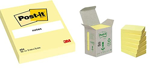 Post-it 656 Notes (51 x 76 mm) 12 Blöcke à 100 Blatt gelb & 6531B Haftnotiz Recycling Notes Mini Tower (38 x 51 mm, 80 g/qm) 100 Blatt 6 Block gelb