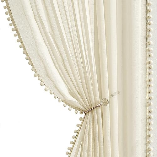 Treatmentex Boho-Gardinen ​​aus transparentem Voile, mit Pompons und Quasten verziert, Ösenvorhang für Wohnzimmer Schlafzimmer​, Beige, 140 x 245 cm, 2er-Set