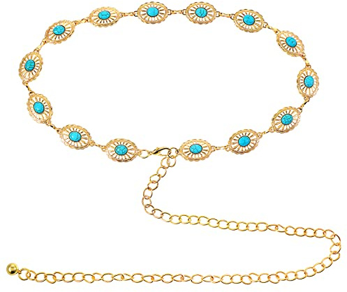 cobee Concho Chaîne Ceintures pour Femmes, Turquoise Western Metal Ceinture Réglable Cowgirl Ceinture avec Boucle pour Jeans Robes (Or)