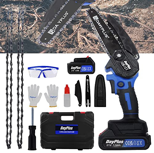 Mini motosega elettrica a batteria da 6 pollici con batteria da 21 V 1,5 Ah e caricabatterie, motosega singola da 21 V con paraspruzzi e blocco di sicurezza, motosega portatile con 2 catene per