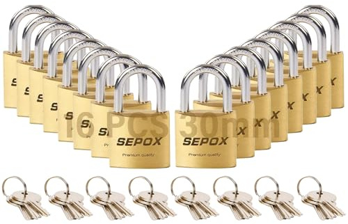 SEPOX® Solid Brass Padlock 30mm, Keyed Alike 24 Keys, Chamfered Edge, 16Pcs | For Gate Gym Locker Tool Box, Luggage, Heavy Duty, Rustproof Compact Body, Small Lock, Anti-Cut Shackle, Big Handle Easy Grip