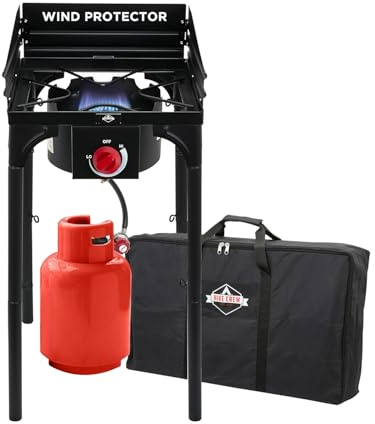 Hike Crew Cast Iron 1-Burner Outdoor Gas Stove | 75,000 BTU Portable Propane-Powered Cooktop w/Blue Flame Control, Removable Legs, Temperature Setting Knobs | Wind Panel, Hose Regulator & Storage Bag