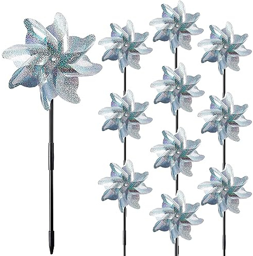 10 Pieces 21 Inches Silver Reflective Pinwheels with Stakes Windmill Wind Spinners Outdoor for Yard Garden Lawn Farm Decor Bird Repellent, Large Plastic Foil Pin Wheels for Birds Animal Deterrent