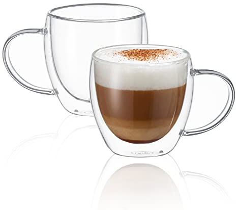 CNGLASS Doppelwandige Glas-Kaffeebecher mit Griff, 250ml/8.5oz klare Isolierglas-Espressotassen für heiße und kalte Getränke, Latte, Cappuccino, 2er-Set