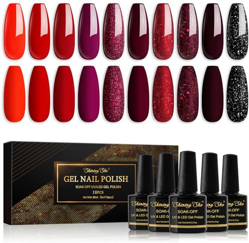 Shining She UV Nagellack Rot,10 Farben Rot Burgunder Dunkelrot Rot Schwarz Glitzer Gel Nagellack Soak-Off UV nagellack rot für Anfänger DIY Nail Art Set,8ml