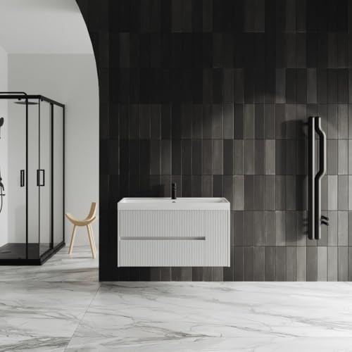 Kiamami Valentina - Mobile bagno 100cm bianco opaco cannettato e lavabo in resina Cortina