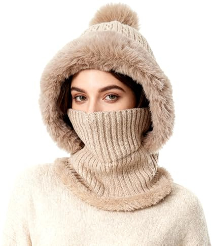 TAGVO Vintervarm stickad mössa och halsvärmare set, dam balaclava tröja, fleecehuva masker halsvärmare, flexibel stickad hatt mjukt tjockt fleecefoder, Khaki, one size