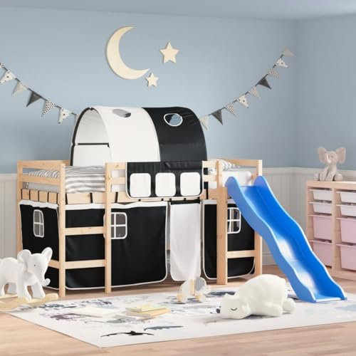 Festnight Hochbett Kinder mit Rutsche Spielbett Kinderbett 90x200 cm Kinderhochbett Etagenbett Hausbett Holzbett mit Tunnel Leiter Vorhang Einzelbetten Jugendbett Bettgestell Rutschbett Halbhochbett