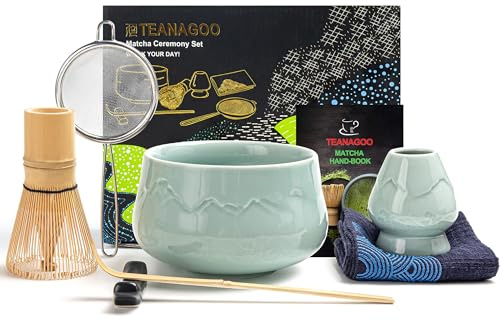 TEANAGOO Juego japonés de matcha (7 piezas) Matcha Batidor Mtacha Kit Matcha Bowl con boquilla de vertido, batidor de matcha de bambú (Chasen) Cuchara (chashaku) Soporte para batidor N26, azul