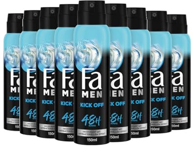 Fa Men Deodorant & Bodyspray Kick Off (9x 150 ml), Deospray mit aktivierend-frischen Duft, Deo ohne Aluminium für bis zu 48 h Schutz, hinterlässt keine Rückstände