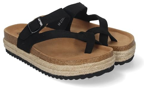 84966 Sandalia de Mujer de Plataforma Tipo Esclava, Material Bio, Forradas de Yute, Comodas y Elegantes, Talon Abierto y Decorada con Hebilla, Ideales para Primavera-Verano Negro Talla 38