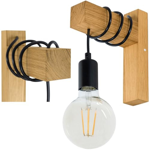 LED Wood Wandleuchte Innen Holz - Handgefertigte Wandlampe Vintage aus Eichenholz - Industrial Wandbeleuchtung E27 max. 40 W - Retro Lampe Schlafzimmer, Badezimmer, Kinderzimmer - Glühbirne nicht inkl