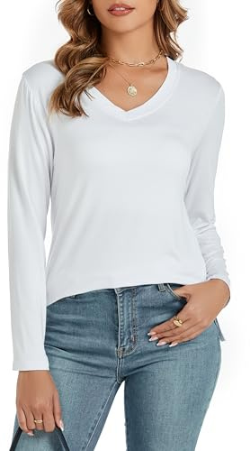 Famrrifuu Tee Shirt Femme Manches Longues Haut Col en V Casual Top Basique Léger Automne Hiver T-Shirt Blouse,Blanc,L