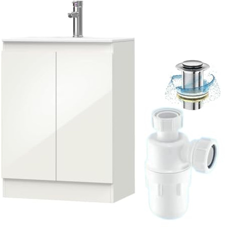 BELOFAY 600mm Under Sink Bathroom Cabinet Floor Standing Storage Cupboard Basin vanity Unit, 600mm Laquered Cloakroom vanity unit with basin, Tap, Trap and Waste, Tap not included (Denvor White)