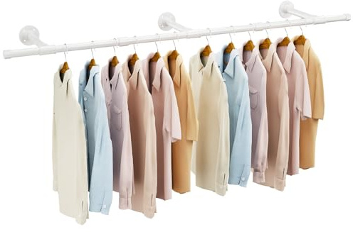 IBUYKE TYJ007W - Perchero industrial para colgar en la pared de 156 cm, barra de armario colgante que ahorra espacio, barra de ropa multiusos resistente para armario y lavandería, color blanco
