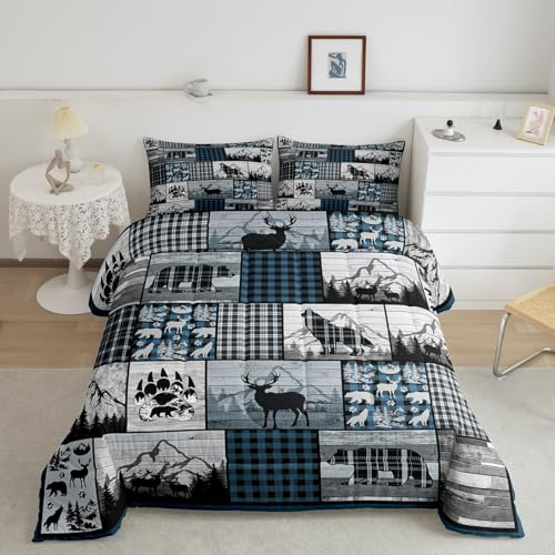 Feelyou Deer Elk Bear Wolf Comforter Blue Plaid Rustic Cabin Comforter Set Toddler Size Farm Forest Camping Hunting Bedding Set Geometric Checkered Duvet Set Room Decor 2PCS