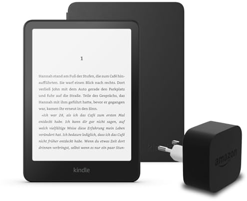 El último Kindle Paperwhite (versión 2024) de 16 GB sin anuncios, una funda de tela de Amazon y un adaptador de corriente Amazon Powerfast de 9 W.