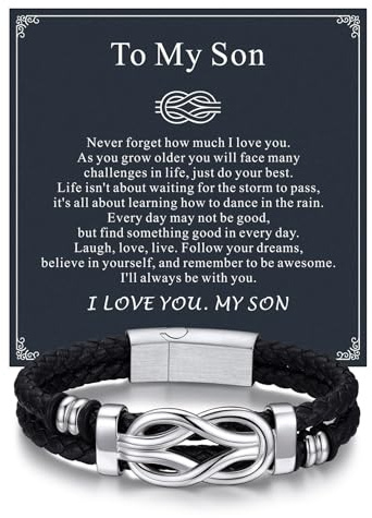 Bandmax Armband für Sohn Edelstahl Magnetarmband Lederarmband An Meinen Sohn Manschettenarmband mit Karte Knotenarmband 23CM Modeschmuck Accessoire