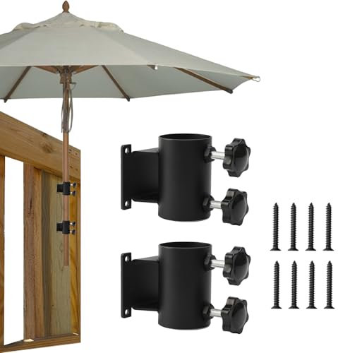 Balcony Patio Umbrella Holders, 2 Pack Outdoor Umbrella Clamps, 1.3-2 Inch Pole Clamp Mount Bracket, Rustproof Metal Umbrella Stabilizer for Deck Railing, Mount to Deck, Balcony or Outdoor Courtyard