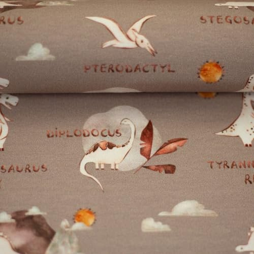 Jersey Stoff Baumwolljersey LIMA | Dinosaurier, Schrift, schlamm| 2 Farben | Ökotex | ab 50x150cm | Meterware (schlamm)