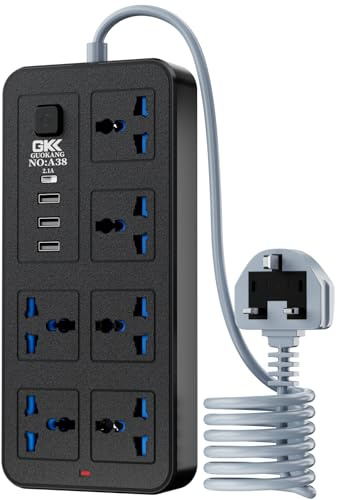 Power Strip 6AC Universal plug Extension Lead with USB Ports Socket outlets | 1.8m cable, Universal plug, 3USB-A & 1USB-C , 10A 2500W , ideal for home/office/kitchen/Gaming room