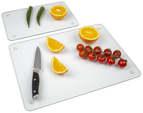 Tempered Glass Cutting Board for Kitchen, Cutting Board with Non-Slip Feet for Countertop, Dishwasher Safe, Rounded Corner Board, Shatter, Heat & Scratch Resistant-16x12 & 12x8 2pcs, Clear