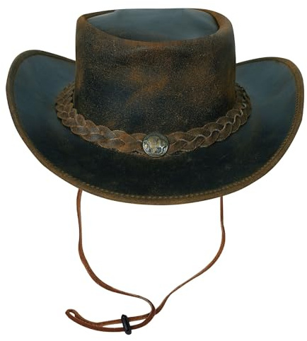 URBAN 5884 Cowboyhut aus echtem Leder, Western-Hut aus Rindsleder mit Verstellbarer Krempe und Kinnriemen