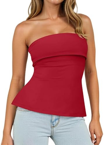 Sukiglam Tubtoppar för kvinnor axelbandslös T-shirt sommar sexig crop top Bandeau bar axel elastisk dubbelskiktad byst Y2k tunika skjorta linnen slits på sidan, Röd röd, M