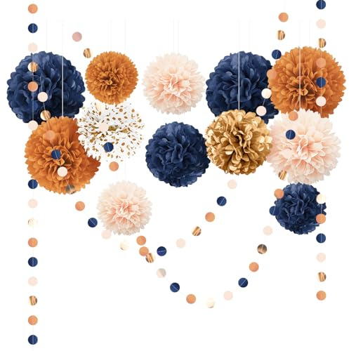 AOBKIAT Herbst Party Deko,15 Stück Pompons Deko für Hochzeits Geburtstag,Mit Marineblau Orange SeidenPapier Pompons und Papier Girlande für Thanksgiving,Vintage-Thema Brautparty Babyparty