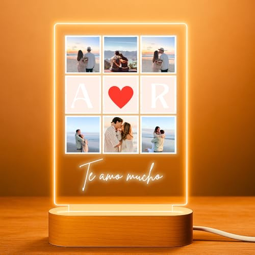 Cristal Plaque Lampara Personalizada AMOR con 6 Fotos y Texto – Regalo Pareja Hombre y Mujer – Metacrilato Transparente con Luz LED – Decoración Hogar