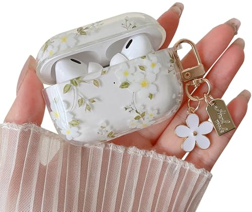 MINSCOSE Kompatibel mit AirPods Pro/Pro2 Clear Case, niedliches hübsches Blumenmuster Design mit floralem Schlüsselanhänger, weiche TPU-Schutzabdeckung für AirPods Pro/Pro2 für Mädchen-weiße Blume