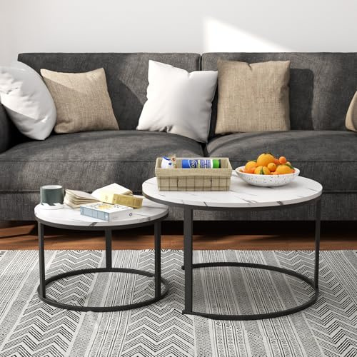 TWSOUL Couchtisch Rund 2er Set, Couchtisch Wohnzimmertisch Rund mit Metallgestell Beistelltisch Set für Wohnzimmer Balkon Büro 80x45.5cm+60x38cm (Schwarz)