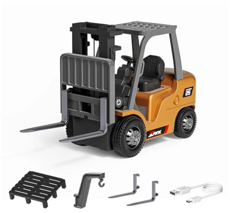 BlocteckToy Mini chariot élévateur RC en alliage 2,4 G à l'échelle 1/64 avec contrôleur sans fil, crochet de cargaison, fourches et palette, camion de chantier cadeau pour garçons et filles (jaune)